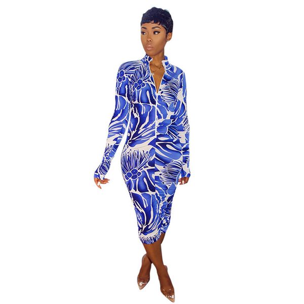 

floral printed zipper pencil dress stand collar long sleeve bodycon dress fashion autumn female clothing, Black;gray
