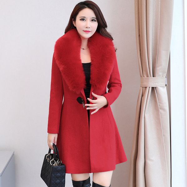 

women's wool & blends 2021 winter korean large fur collar slim long suit coat female woolen women womens, Black