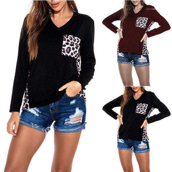 

leopard карманный щитовые tops casual женский одежда осень женская дизайнерская футболка с длинным рукавом сыпучих v шеи, White
