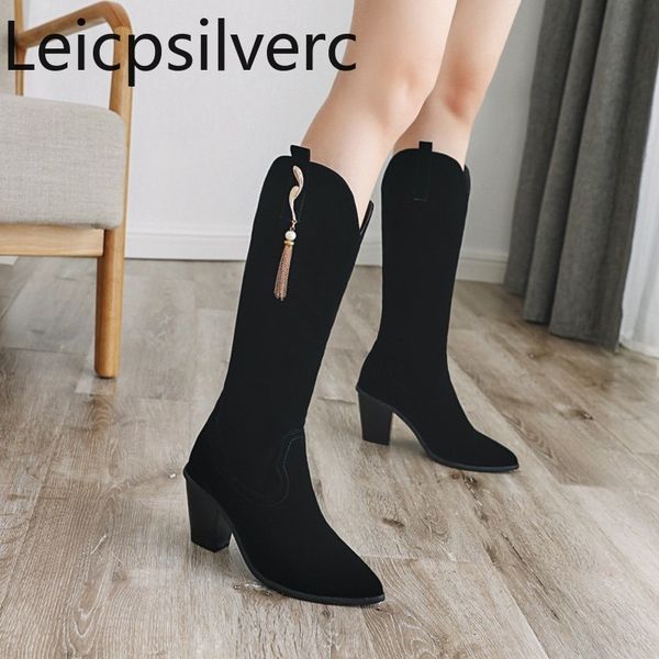 

women's boots the new autumn and winter fashion zipper pointed metal decoration mid heel high tube women's shoes plus size 33-46, Black