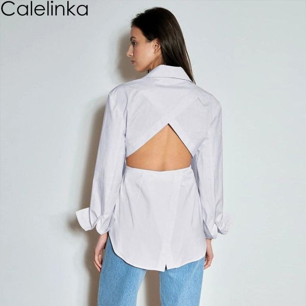 

women's blouses & shirts calelinka turn-down collar long sleeve buttons lace up back hollow out 2021 autumn women solid street, White