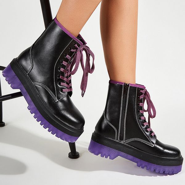

women boots 2020 new female british style lace-up retro short tube booties round toe platform ankle boots thick low heels shoes, Black