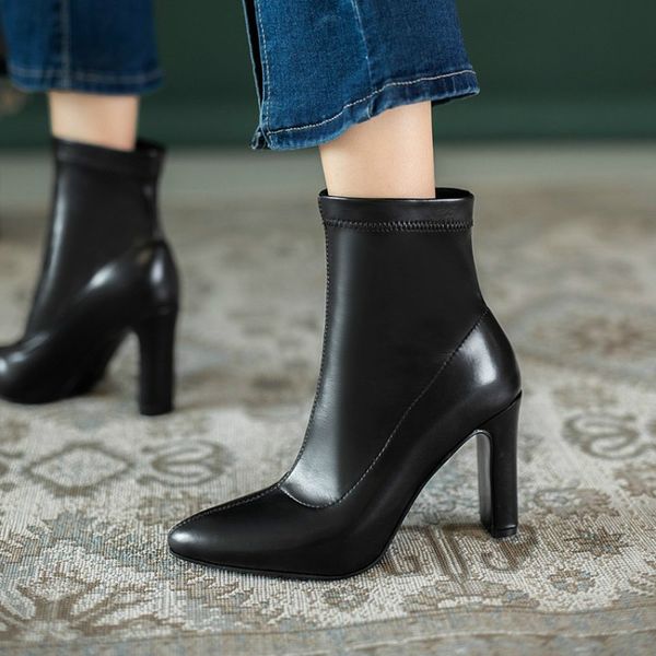 

boots chunky high heels square 9 cm stretch women fashion ankle elastic sock 2021 autumn booties pointed toe, Black