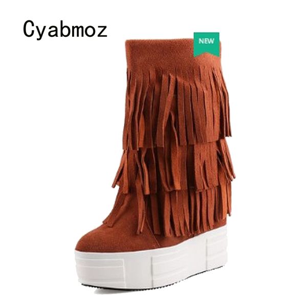 

cyabmoz new short winter snow boots height increasing shoes women platform tassel genuine leather hidden high heels party shoes, Black