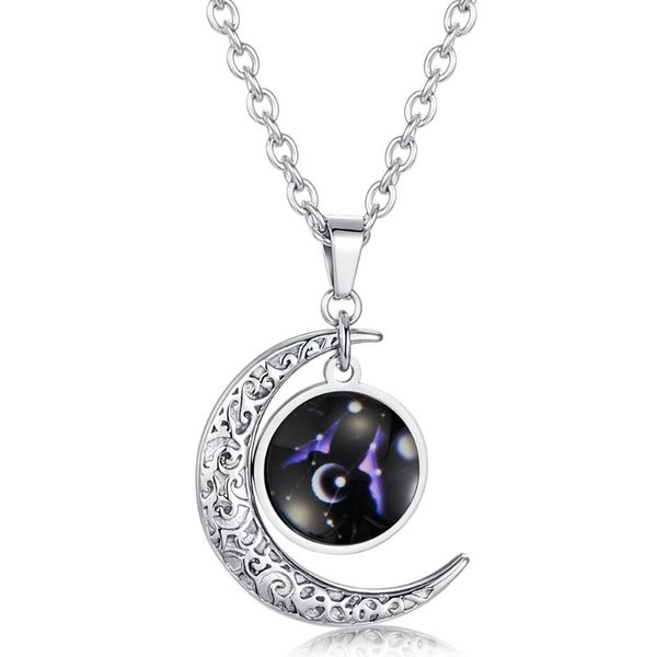 

pendant necklaces ins trend 12 constellations starry sky luminous necklace for women jewelry titanium steel link moon star combination, Silver
