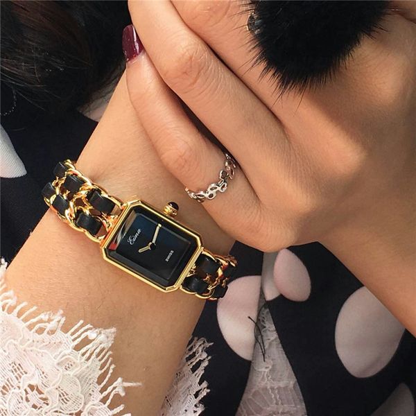 

2020new arrival gold watch women dress watch luxury stainless steel chain with leather fashion lady bracelet quartz wristwatch for lady gift, Slivery;brown
