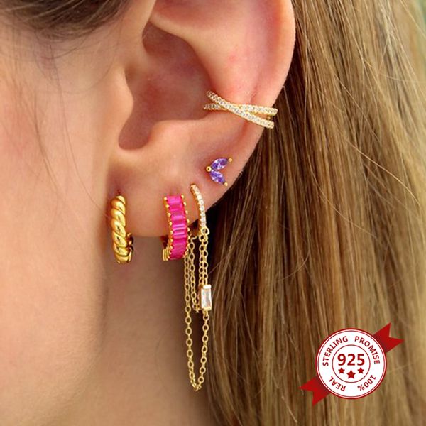 

s925 double chain earrings, gold chain hoop earrings, silver hoop gold hoops, huggies, dainty hoops, Golden;silver