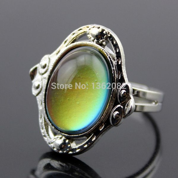 

gypsy style color changing emotion feeling changeable oval imitation gemstone mood ring opening temperature bands gift mr73, Golden;silver