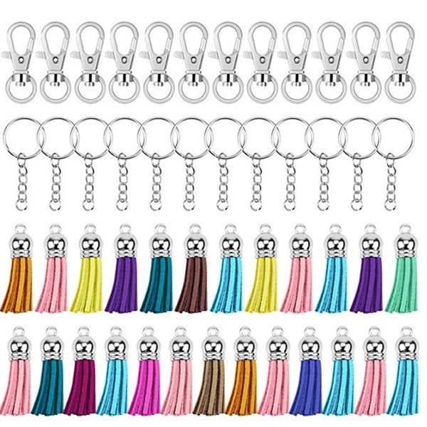 125 pcs diy chaveiros ganchos acessórios camurça couro borla saco de pingente encantos chaveiro cadeia de carro chaves titular split anéis com anel de salto aberto