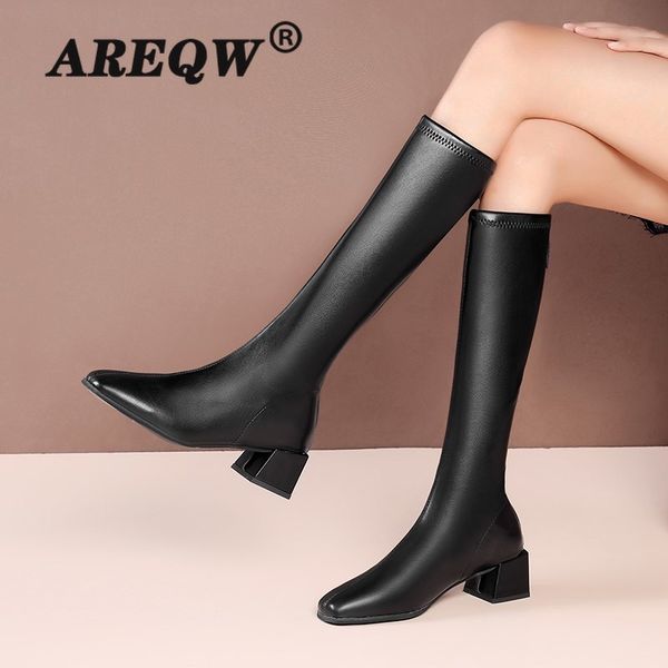 

women's boots autumn and winter the new fashion square head zipper thick heel mid heel high tube women's shoes, Black
