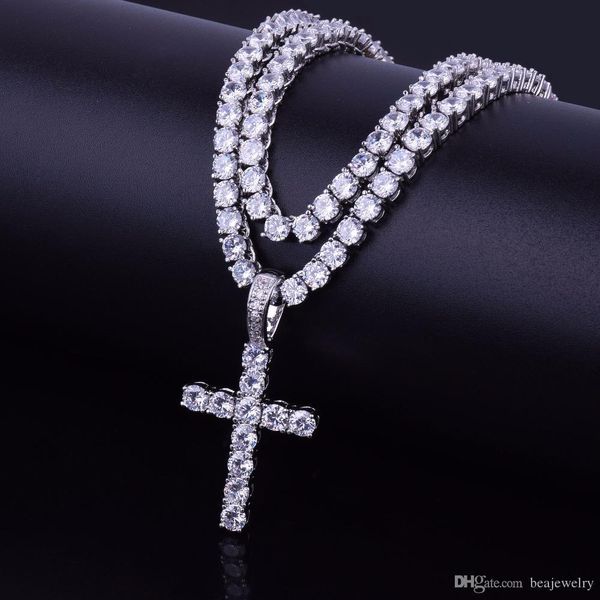 

iced out циркон крест подвеска с 4 мм теннис цепи ожерелье set мужская хип-хоп ювелирные изделия золото серебро cz ожерелье, Silver