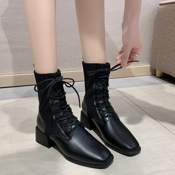 

shoes women's boots autumn round toe booties ladies luxury designer low heels booties mid calf rubber rock fashion, Black