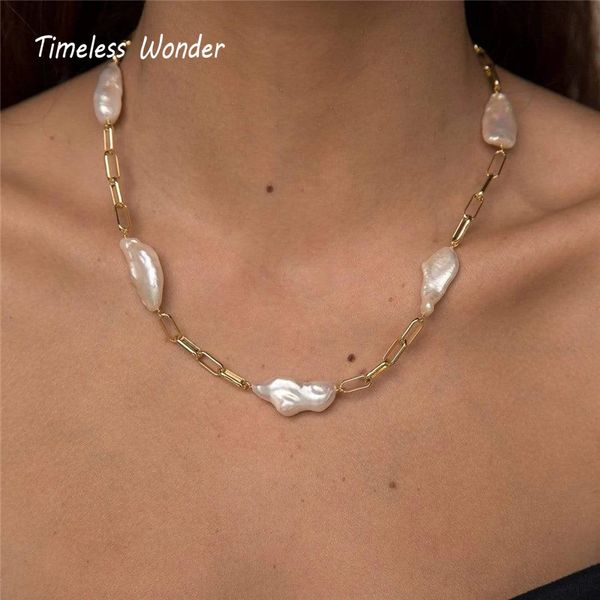 

timeless wonder brass irregular baroque pearl chain necklace women jewelry punk gothic designer trendy rare ins fashion 6347, Golden;silver