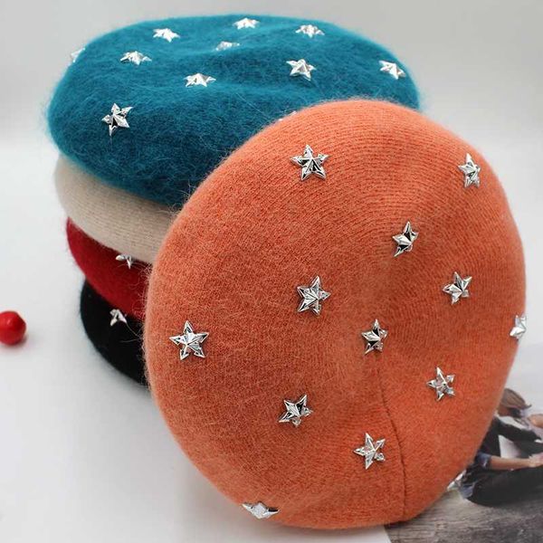 

rancyword] fashion new women angora solid color beret female bonnet caps winter all matched warm walking hat with stars, Blue;gray