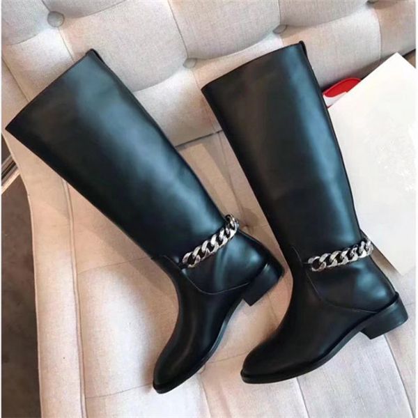 

plain black leather knee high boots round toe chain embellished motorcycle botas slip on ladies shoes casual flats