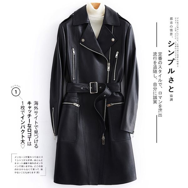 

women's leather & faux lautaro black long jacket women with many pockets zipper belt lapel spring plus size trench coat for