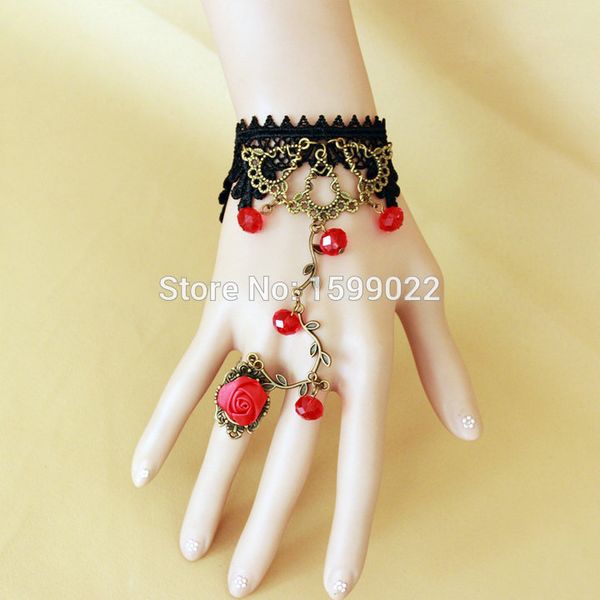 

vintage black lace bangle vampire bracelet red glass crystal rhinestone antique bronze branches rose flower finger decoration
