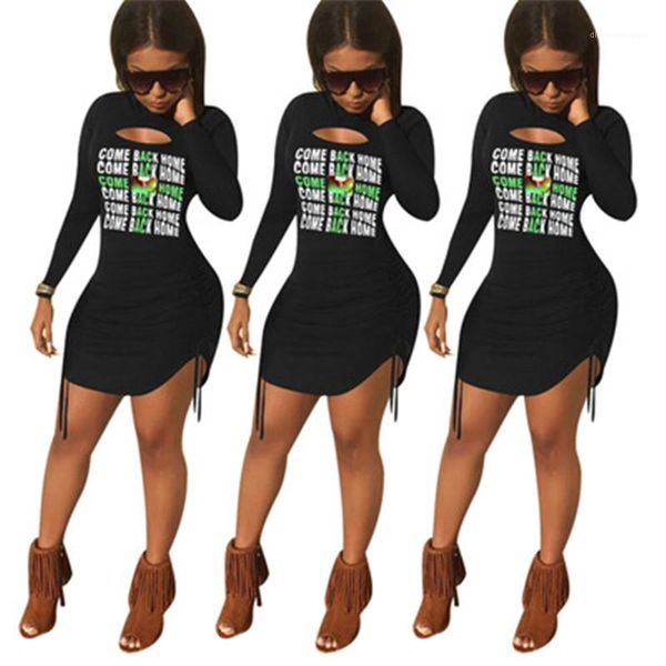 

letter pattern split long sleeve dresses designer female hole round neck casual slim short skirt come back home women dress fashion, Black;gray