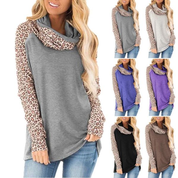

pullover t shirts fashion womens tees womens designer t shirts leopard panelled autumn casual long sleeved scarf collar, White