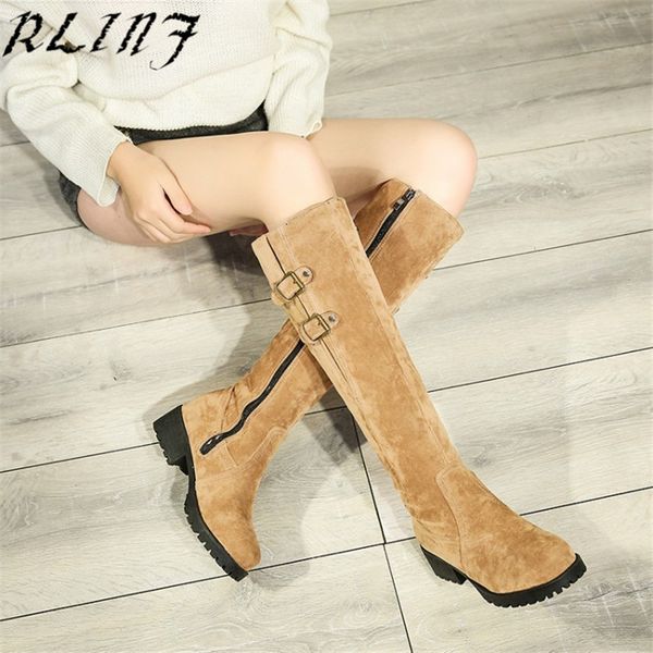 

rlinf autumn winter new leather boots slim boots elastic thick heel knee, Black