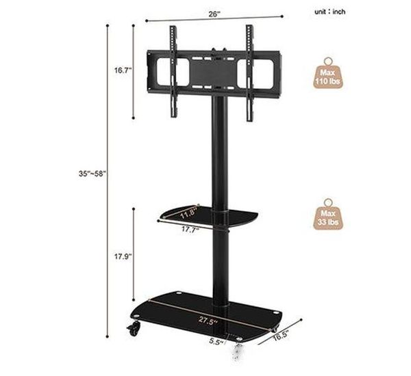 

tv mount bracket floor mobile stand multi-function tempered safety glass metal frame black c0060 us stock