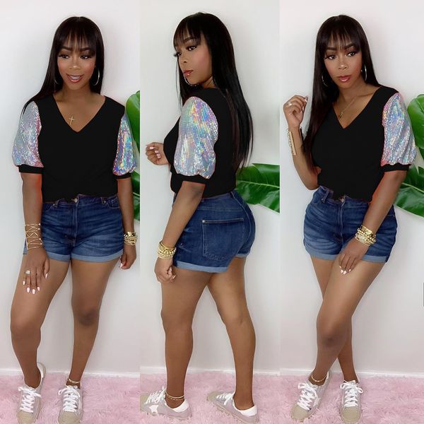 

womens designer luxury tshirts summer sequins puff sleeve panelled tees v neck female clothing, White