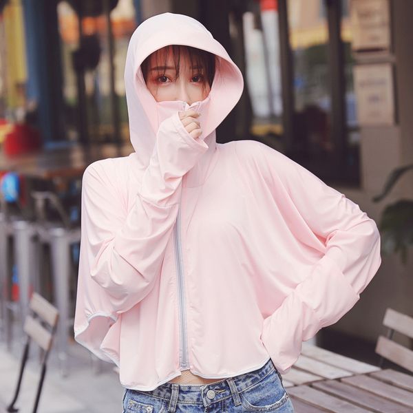 

summer cycling travel sunscreen clothes female zipper pure color breathable silk sunscreen shawl sun protection coat top, Blue;gray