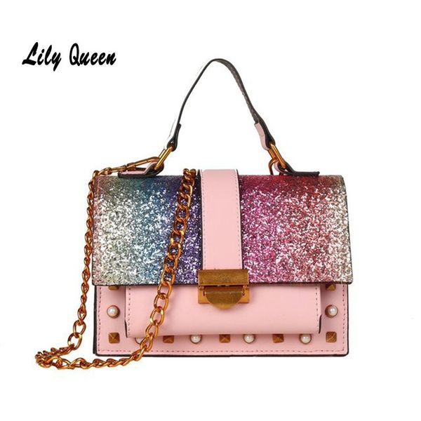 

lily queen women luxury crossbody messenger bag sequins chain hasp shoulder handbag pearl rivet solid pu bolsa