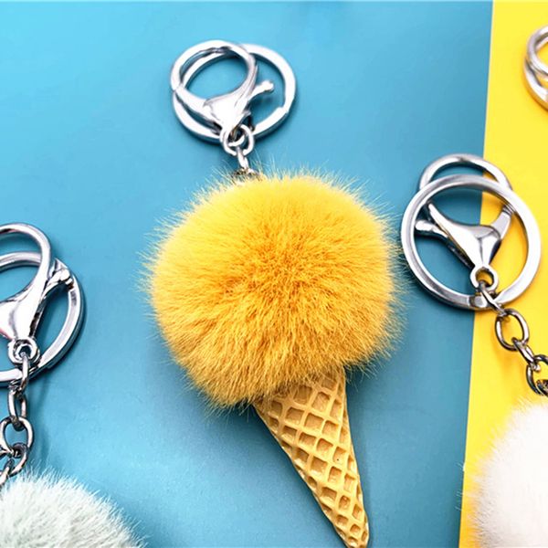 

leather keychain fluffy keychain women girl cute pom pom mink fur key chain cute bag charms trinket car key ring 2020, Silver