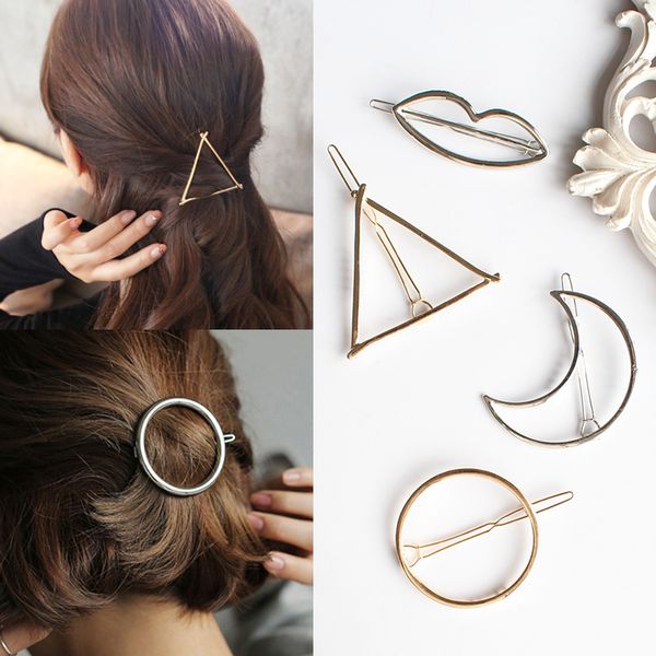 

2020 new promotion trendy vintage circle lip moon triangle hair pin clip hairpin pretty womens girls metal jewelry accessories, Golden;silver