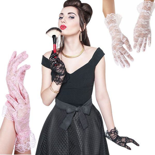

five fingers gloves wrist length women lady lace elegant short for parties sun protection halloween accessories driving, Blue;gray