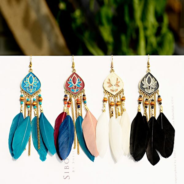 

anqi 2020 jhumka earring bohemia ethnic natural feather long dangle hanging earrings for women egypt gypsy jewelry, Silver