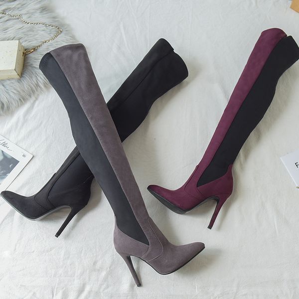 

women's boots autumn shoes luxury designer thigh high heels high winter footwear fashion rubber over-the-knee, Black
