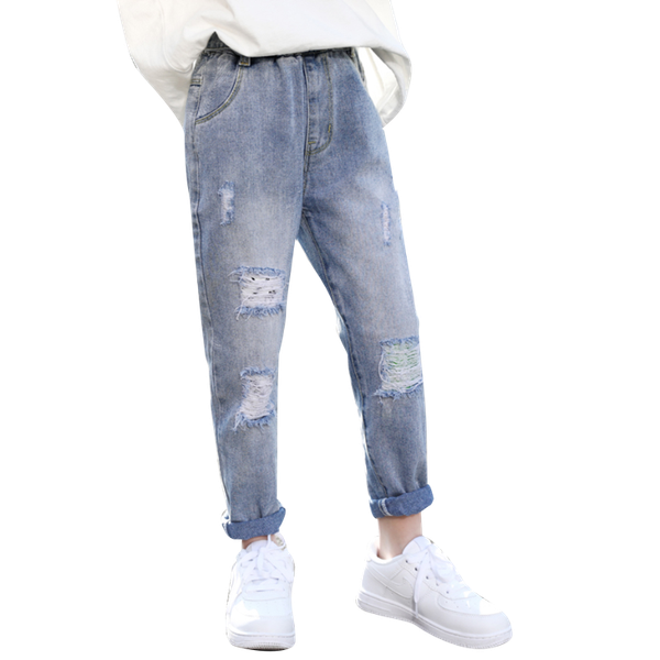 

jeans for girls hole girls ripped jeans pants elastic waist children's for mid wiat clothes 6 8 10 12 14, Blue