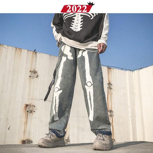 

Men Skeleton Oversized Black Jeans Pants 2019 Denim Mens Streetwear Hip Hop Harem Pants High Wasit Denim Overalls