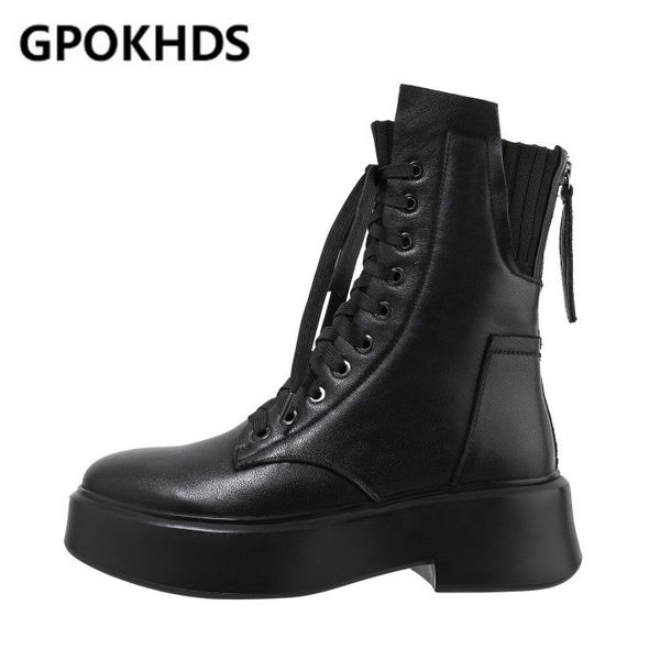 

gpokhds 2021 women mid-calf boots cow leather winter short plush round toe lace-up high heels female riding boots size 39, Black