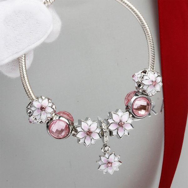 

charm bracelets xiaojing magnolia bracelet europe jewelry alloy pink flower fit original bangle accessories for women gifts 2021, Golden;silver