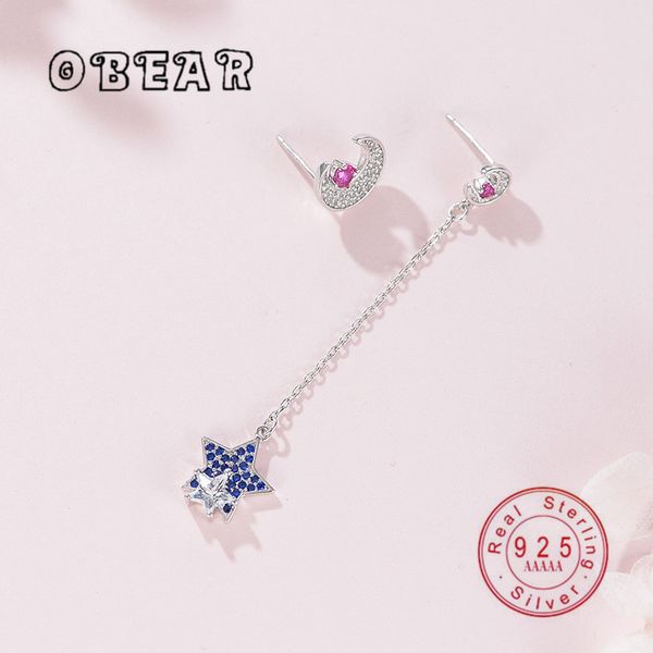 

dangle & chandelier obear asymmetric zircon star moon earrings for women real 925 sterling silver long temperament jewelry