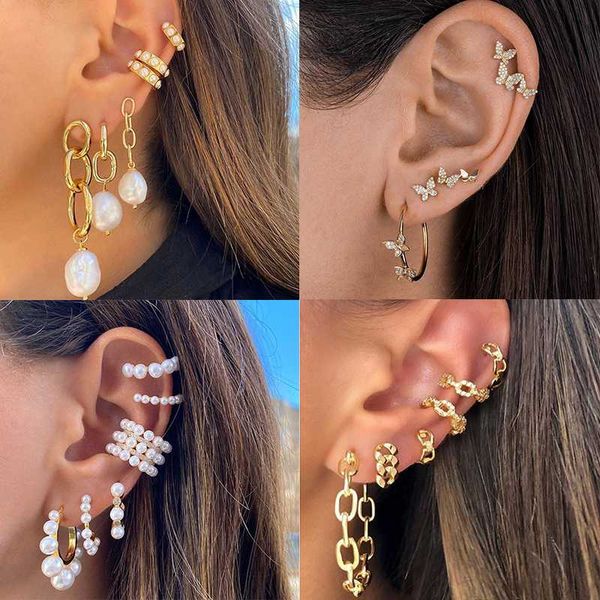 

zovoli tassel pearl gold hoop earrings set for women 2020 crystal butterfly flower hoops earring clip on earings fashion jewelry, Golden;silver