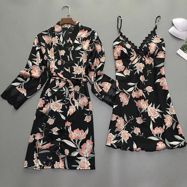 

women's sleepwear night dress satin fashion print lace women pajamas silk robes for sling robe long sleeve, Black;red