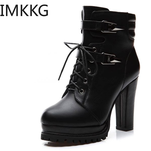 

winter new pattern high heel coarse heel short boots waterproof platform belt buckle side zip tie women boots botas mujer, Black