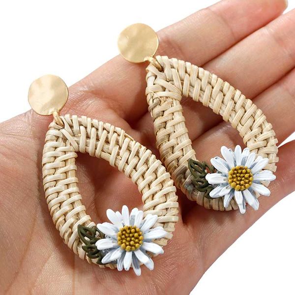 

aensoa handmade water drop small daisy earrings raffia straw weave rattan knit vine weave flower dangle earrings for women beach, Silver