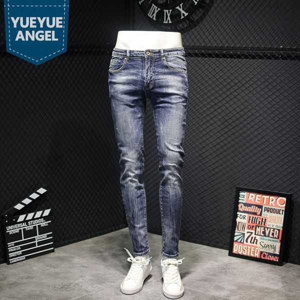 

2020 fashion korean mens skinny jeans streetwear distressed ripped pants casual pencil pants male classic blue denim trousers