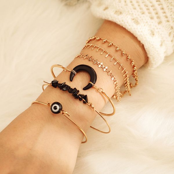 

tocona boho black stone horn eye open bracelet set for women bell leaf multilayer bracelet bangle jewelry 6pcs/set 8166, Golden;silver