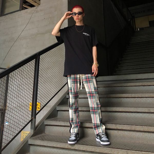 

fashion flow fearness retro fog version striped plaid pants mens loose straight flannel casual plaid pants fashion, White;black