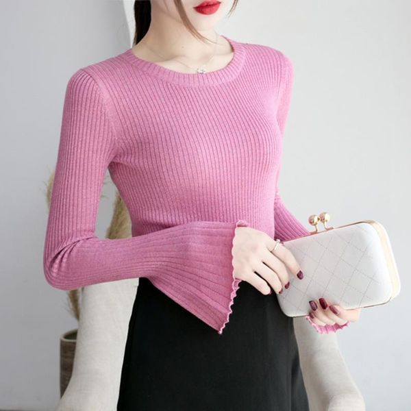 

shiny lurex autumn winter sweater women long flare sleeve pullover women basic sweaters 2019 korean style knit pink, White;black