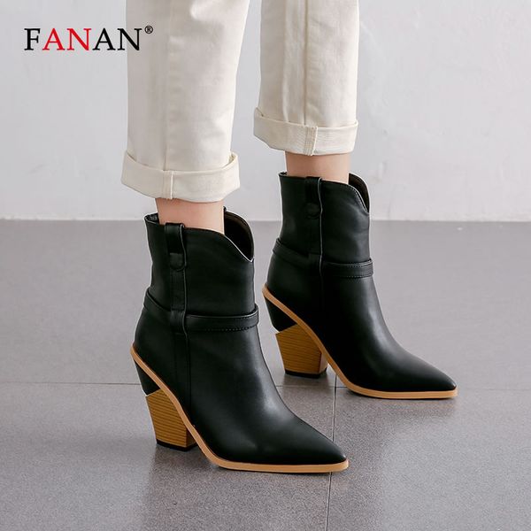 

fanan ankle boots women wedges high heels western boots pointed toe slip on fashion autumn winter women's shoes, Black