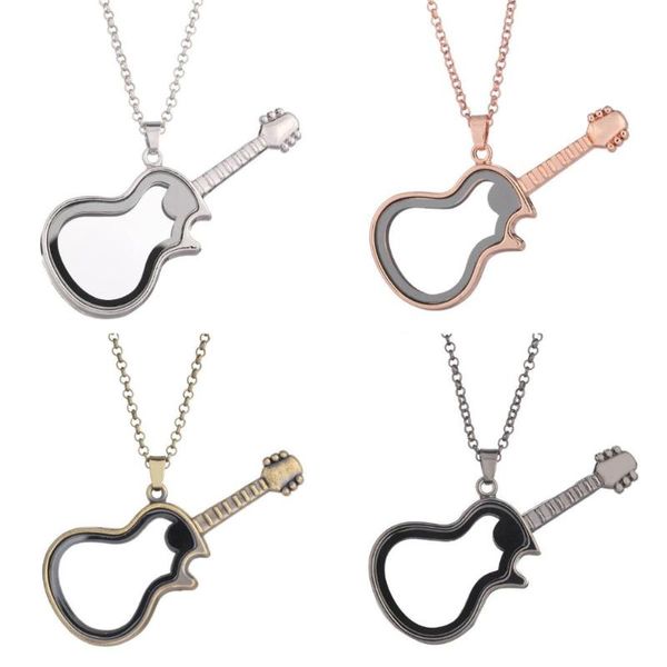 

music guitar shaped memory p locket open glass living floating locket chain necklace jewelry acceesories, Silver