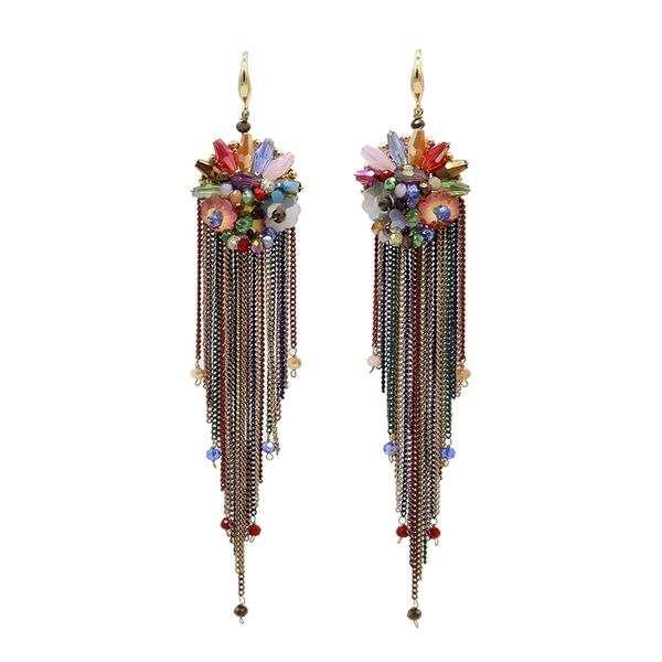 

colorful crystal chain long tassel earrings for women bohemian handmade beaded fashion trending boho jewelry wife valentine gift, Silver