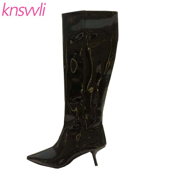 

new kitten heel runway knee high boots women point toe leather long knight boots high heel brand shoes women's winter, Black